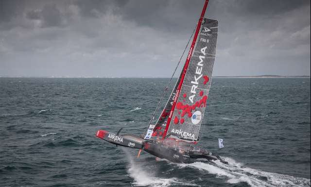 Multi 50 Arkema, skipper Lalou Roucayrol and his co-skipper training for the Transat Jacques Vabre 2017, duo sailing race from Le Havre (FRA) to Salvador de Bahia (BRA), off Bordeaux, on July 24, 2017 - Photo Vincent Olivaud / Arkema