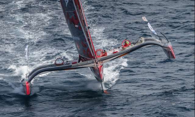 Multi 50 Arkema, skipper Lalou Roucayrol and his co-skipper training for the Transat Jacques Vabre 2017, duo sailing race from Le Havre (FRA) to Salvador de Bahia (BRA), off Bordeaux, on July 24, 2017 - Photo Vincent Olivaud / Arkema