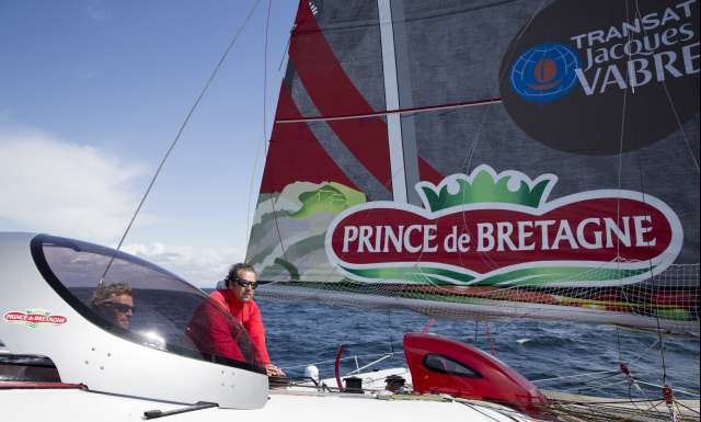 Lionel Lemonchois et Bernard Stamm a bord du trimaran Prince de Bretagne en entrainement en vue de leur participation a la Transat Jacques Vabre 2017 entre le Havre et Salvador de Bahia (Bresil) - Lorient le 31/08/2017