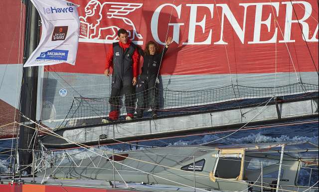 16 octobre 2017, entre l'ile de Groix et les Glénans, navigation d'entrainement pour Isabelle Joschke et Pierre Brasseur sur le monocque 60 pieds IMOCA GENERALI, préparation à la Transat Jacques Vabre 2017 - Photo Yvan Zedda / Generali 