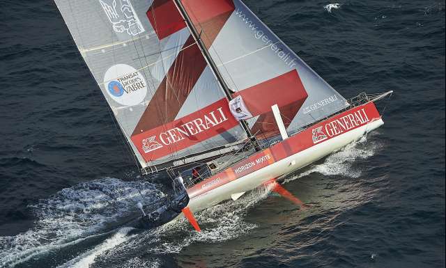 16 octobre 2017, entre l'ile de Groix et les Glénans, navigation d'entrainement pour Isabelle Joschke et Pierre Brasseur sur le monocque 60 pieds IMOCA GENERALI, préparation à la Transat Jacques Vabre 2017 - Photo Yvan Zedda / Generali 