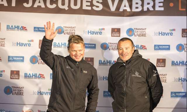 Skippers presentation by Serge Herbin, Multi 50 Arkema, skippers Lalou Roucayrol and Alex Pella, during pre-start of the Transat Jacques Vabre 2017, duo sailing race from Le Havre (FRA) to Salvador de Bahia (BRA) in Le Havre on October 28th, 2017 - Photo Jean-Marie Liot / ALeA / TJV17