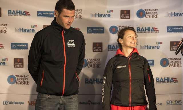 Skippers presentation by Serge Herbin, Imoca Generali, skippers Isabelle Joschke and Pierre Brasseur, during pre-start of the Transat Jacques Vabre 2017, duo sailing race from Le Havre (FRA) to Salvador de Bahia (BRA) in Le Havre on October 28th, 2017 - Photo Jean-Marie Liot / ALeA / TJV17