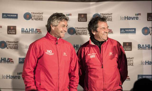 Skippers presentation by Serge Herbin, Ultime Prince de Bretagne, skippers Lionel Lemonchois and Bernard Stamm, during pre-start of the Transat Jacques Vabre 2017, duo sailing race from Le Havre (FRA) to Salvador de Bahia (BRA) in Le Havre on October 28th, 2017 - Photo Jean-Marie Liot / ALeA / TJV17