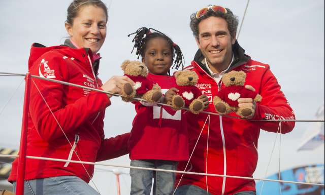 Visit of Gracia onboard Initiatives-Cœur, skippers Tanguy de Lamotte and Samantha Davies during pre-start of the Transat Jacques Vabre 2017, duo sailing race from Le Havre (FRA) to Salvador de Bahia (BRA) in Le Havre on November 3rd, 2017 - Photo Vincent Curutchet / ALeA / TJV2017