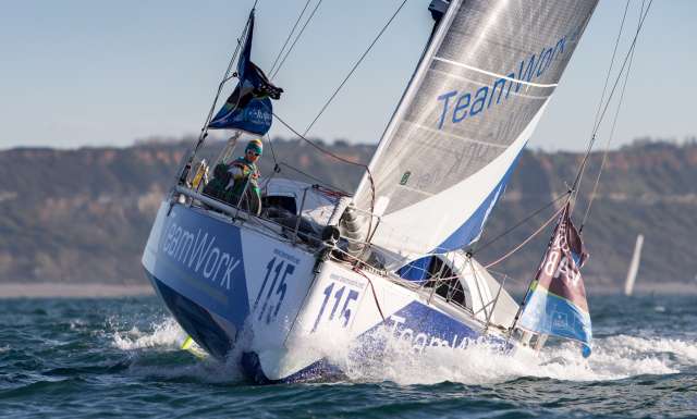 depart de la transat Jacques Vabre 2015 pour le Class 40 TeamWork40, skippers Bertrand Delesne and Justine Mettraux, le 25 Octobre 2015 - Photo Christophe Breschi / Teamwork