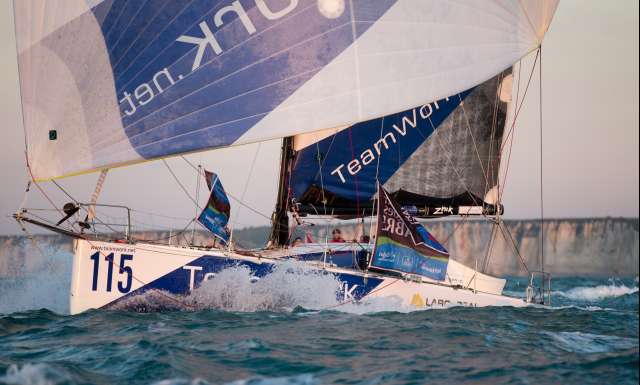 depart de la transat Jacques Vabre 2015 pour le Class 40 TeamWork40, skippers Bertrand Delesne and Justine Mettraux, le 25 Octobre 2015 - Photo Christophe Breschi / Teamwork