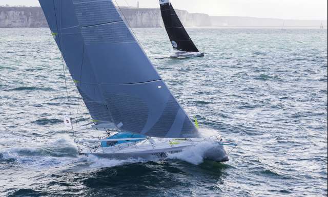 Des Voiles et Vous, skippers Morgan Lagraviere and Eric Peron during start of the Transat Jacques Vabre 2017, duo sailing race from Le Havre (FRA) to Salvador de Bahia (BRA) in Le Havre on November 5th, 2017 - Photo Jean-Marie Liot / ALeA / TJV17