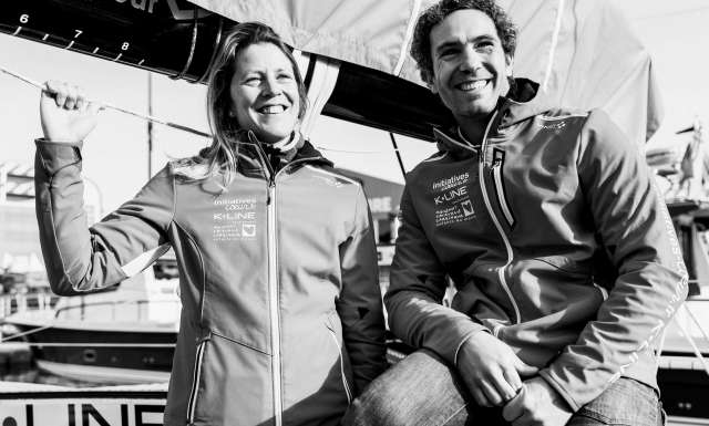 Initiatives-Cœur, skippers Tanguy de Lamotte and Samantha Davies Portraits expo skippers during pre-start of the Transat Jacques Vabre 2017, duo sailing race from Le Havre (FRA) to Salvador de Bahia (BRA) in Le Havre on November 4th, 2017 - Photo Jean-Louis Carli / ALeA / TJV17