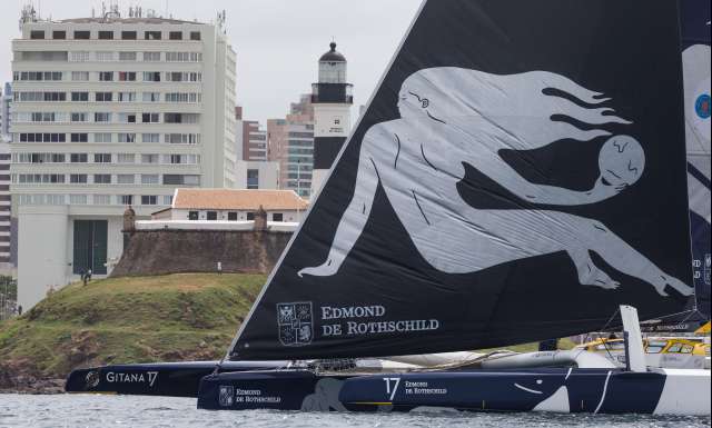 2nd place in Ultime category for Maxi Edmond de Rothschild, skippers Sebastien Josse and Thomas Rouxel, in 7d 23h 55mn 24s, during arrival of the duo sailing race Transat Jacques Vabre 2017 from Le Havre (FRA) to Salvador de Bahia (BRA), on November 13th, 2017 - Photo Jean-Marie Liot / ALeA / TJV17