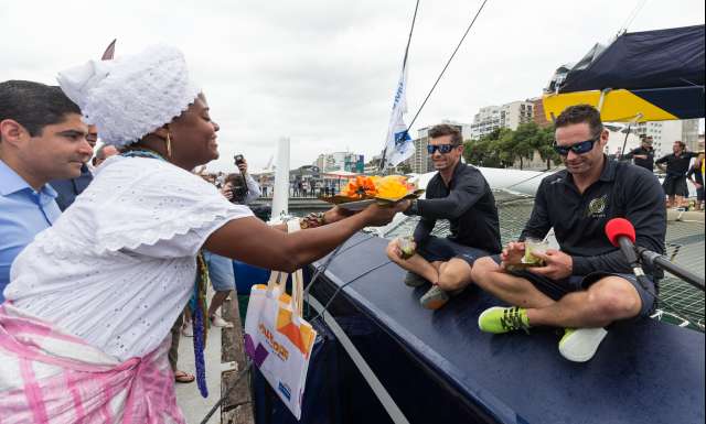 2nd place in Ultime category for Maxi Edmond de Rothschild, skippers Sebastien Josse and Thomas Rouxel, in 7d 23h 55mn 24s, with media during arrival of the duo sailing race Transat Jacques Vabre 2017 from Le Havre (FRA) to Salvador de Bahia (BRA), on November 13th, 2017 - Photo Jean-Marie Liot / ALeA / TJV17