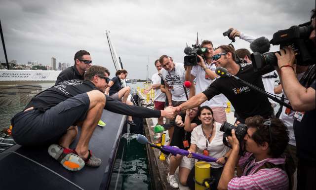 2nd place in Ultime category for Maxi Edmond de Rothschild, skippers Sebastien Josse and Thomas Rouxel, in 7d 23h 55mn 24s, with media, congratulated by winner Thomas Coville, during arrival of the duo sailing race Transat Jacques Vabre 2017 from Le Havre (FRA) to Salvador de Bahia (BRA), on November 13th, 2017 - Photo Jean-Marie Liot / ALeA / TJV17