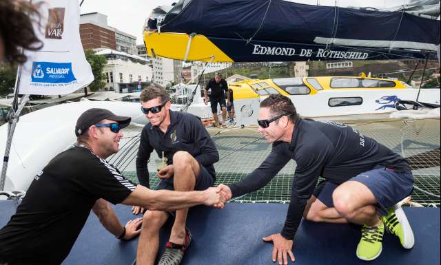 2nd place in Ultime category for Maxi Edmond de Rothschild, skippers Sebastien Josse and Thomas Rouxel, in 7d 23h 55mn 24s, with media, congratulated by Jean-Luc Nelias, winner, during arrival of the duo sailing race Transat Jacques Vabre 2017 from Le Havre (FRA) to Salvador de Bahia (BRA), on November 13th, 2017 - Photo Jean-Louis Carli / ALeA / TJV17