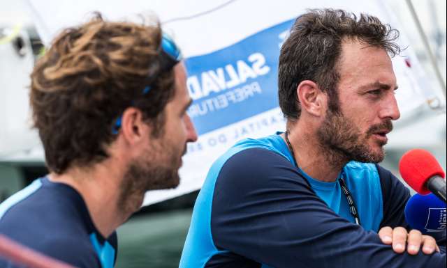 3rd place in Imoca category for Des Voiles et Vous, skippers Morgan Lagraviere and Eric Peron, at pontoon with media and officials, during arrivals of the duo sailing race Transat Jacques Vabre 2017 from Le Havre (FRA) to Salvador de Bahia (BRA), on November 19th, 2017 - Photo Jean-Marie Liot / ALeA / TJV17