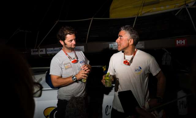 11th place in Imoca category for La Mie Caline - Artipole, skippers Arnaud Boissières and Manuel Cousin, at pontoon with media, during arrivals of the duo sailing race Transat Jacques Vabre 2017 from Le Havre (FRA) to Salvador de Bahia (BRA), on November 22nd, 2017 - Photo Jean-Louis Carli / ALeA / TJV2017