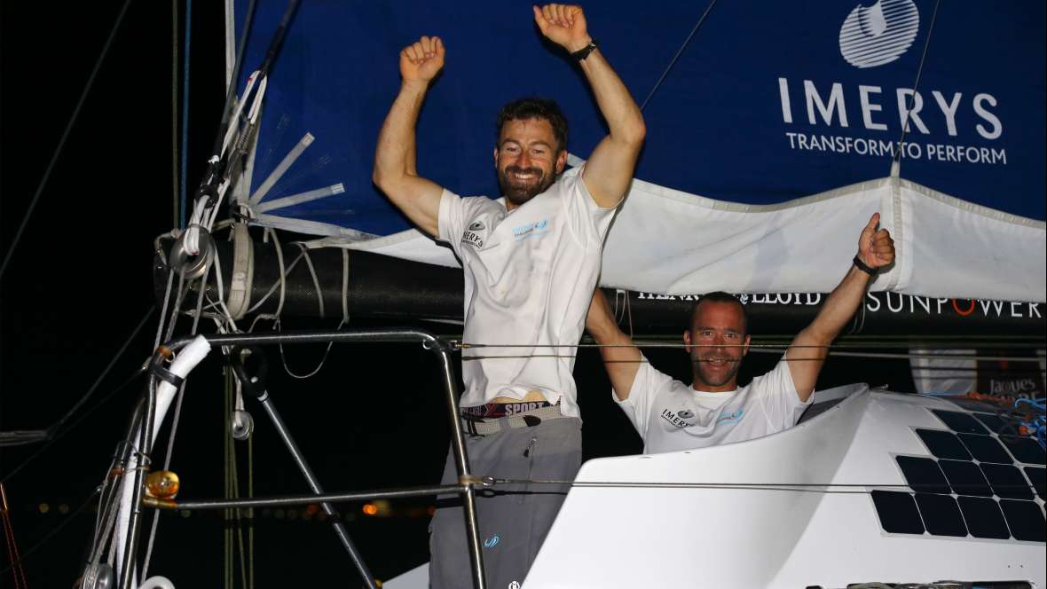 Pontoon words: Phil Sharp & Pablo Santurde (Imerys Clean Energy) after taking in the Class40