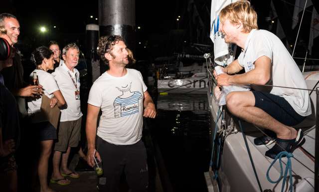 6th place in Class 40 category - Colombre XL, skippers Massimo Juris and Pietro Luciani, at pontoon with Arnaud Boissieres and Fabrice Amedeo, during arrivals of the duo sailing race Transat Jacques Vabre 2017 from Le Havre (FRA) to Salvador de Bahia (BRA), on November 24th, 2017 - Photo Jean-Louis Carli / ALeA / TJV2017