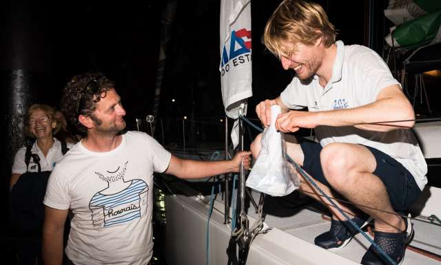 6th place in Class 40 category - Colombre XL, skippers Massimo Juris and Pietro Luciani, at pontoon with Arnaud Boissieres and Sylvie Viant, race director, in the background, during arrivals of the duo sailing race Transat Jacques Vabre 2017 from Le Havre (FRA) to Salvador de Bahia (BRA), on November 24th, 2017 - Photo Jean-Louis Carli / ALeA / TJV2017