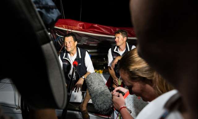 Sylvain Pontu and Christophe Rateau onboard Gustave Rossy, finishing eighth in Class 40 Ranking, during arrival of the duo sailing race Transat Jacques Vabre 2017 from Le Havre (FRA) to Salvador de Bahia (BRA), on November 25th, 2017 - Photo Jean-Marie Liot / ALeA / TJV17