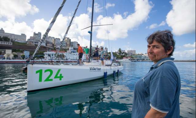 10th place in Class 40 category - OBPORTUS IV, skippers Olivier Roussey and Philippe Burger, Catherine Pourre  at the pontoon, during arrivals of the duo sailing race Transat Jacques Vabre 2017 from Le Havre (FRA) to Salvador de Bahia (BRA), on November 26th, 2017 - Photo Jean-Marie Liot / ALeA / TJV2017