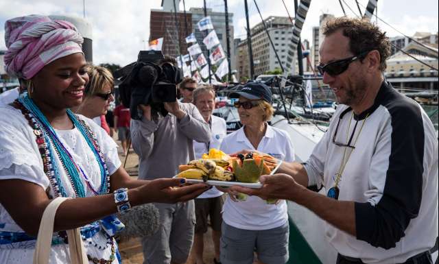 10th place in Class 40 category - OBPORTUS IV, skippers Olivier Roussey and Philippe Burger, at pontoon with a bahian woman and Sylvie Viant, race director, during arrivals of the duo sailing race Transat Jacques Vabre 2017 from Le Havre (FRA) to Salvador de Bahia (BRA), on November 26th, 2017 - Photo Jean-Marie Liot / ALeA / TJV2017