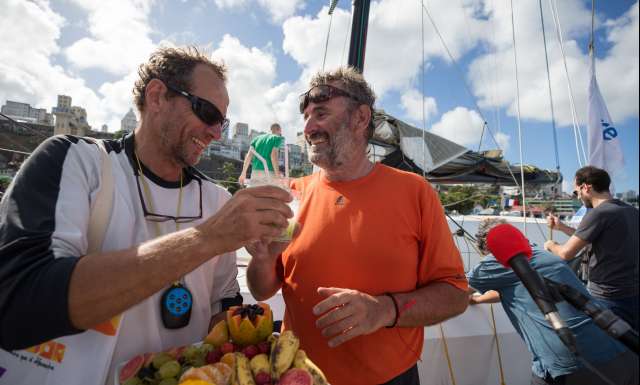 10th place in Class 40 category - OBPORTUS IV, skippers Olivier Roussey and Philippe Burger, celebration at pontoon, during arrivals of the duo sailing race Transat Jacques Vabre 2017 from Le Havre (FRA) to Salvador de Bahia (BRA), on November 26th, 2017 - Photo Jean-Marie Liot / ALeA / TJV2017