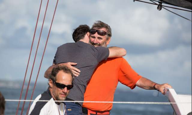 10th place in Class 40 category - OBPORTUS IV, skippers Olivier Roussey and Philippe Burger, celebration during arrivals of the duo sailing race Transat Jacques Vabre 2017 from Le Havre (FRA) to Salvador de Bahia (BRA), on November 26th, 2017 - Photo Jean-Marie Liot / ALeA / TJV2017